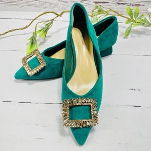 NEW C Paravano Hunter Green Block Heel Pointed Toe Flats with Embellished Buckle